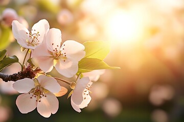 Wall Mural - Blossoming cherry flowers illuminated by sunlight during spring afternoon in a tranquil garden