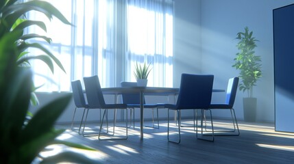 Wall Mural - Empty conference room with modern table and chairs, featuring minimalist interior design and natural lighting