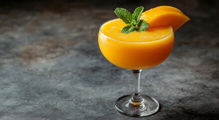 Canvas Print - Refreshing mango mint smoothie placed on marble countertop with fresh mango slices in the background