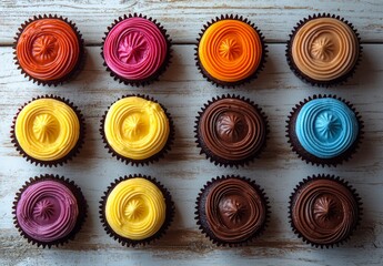 Wall Mural - Colorful cupcakes with vibrant frosting arranged in rainbow order on a wooden surface