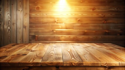 Poster - Warm Wooden Tabletop Against Rustic Plank Wall Background