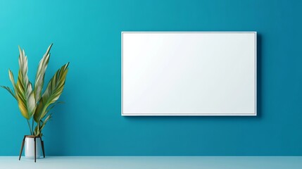 White blank TV screen mounted on a wall with blue surroundings Online cinema and TV viewing concept Mockup Side view 3D rendering