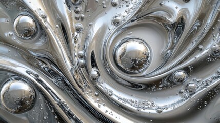 Wall Mural - Fluid metallic abstract art with swirling patterns and bubbles