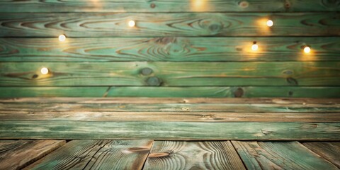 Poster - Rustic Wooden Tabletop with Soft Lighting and Green Wooden Wall Background