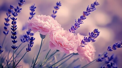 Canvas Print - Pink Carnations Surrounded by Lavender Stems in a Tranquil Setting : Generative AI