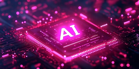 Aufkleber - Advanced AI Processor with Vibrant Neon Lights and Digital Circuits : Generative AI