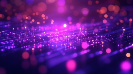 Leinwandbilder - Vibrant Abstract Purple Digital Bokeh Background with Glowing Strings and Particles : Generative AI