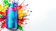 © Preecha - Metallic drink can with colorful paint-like splashes around it, creating a bold and artistic design, ample space for advertising text, balanced composition,