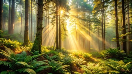 Poster - Sunbeams Illuminate a Mystical Forest Landscape with Lush Ferns