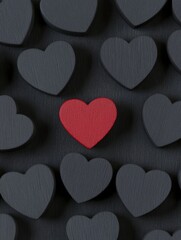 Single Red Heart Among Many Black Wooden Hearts - A single red wooden heart stands out amongst many dark gray wooden hearts. Symbolizing uniqueness, love, standing out, individuality, and passion.