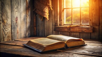 Aufkleber - Rustic wooden interior scene featuring an antique book open on a weathered table bathed in warm sunlight streaming through a window