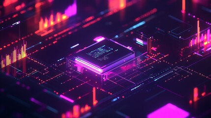 Poster - Circuit Board Close Up with Futuristic Neon Lighting Representing HighTech Electronics Theme : Generative AI