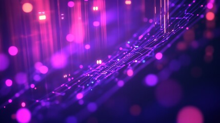 Fototapete - Futuristic Purple Digital Circuitry with Glowing Lines and Bokeh Lights Background : Generative AI