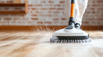 A dynamic floor scrubber releases water on a wooden floor, illustrating the power and efficiency of modern cleaning technology in residential and commercial spaces.