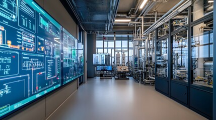 Industrial monitoring room with holographic displays of complex fluid systems.