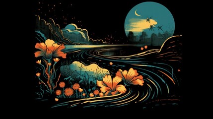 Canvas Print - Nocturnal landscape; flowers, water, moon, city.