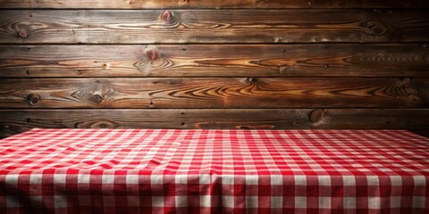 Poster - Rustic Wooden Background with Red and White Checkered Tablecloth Ready for Product Placement