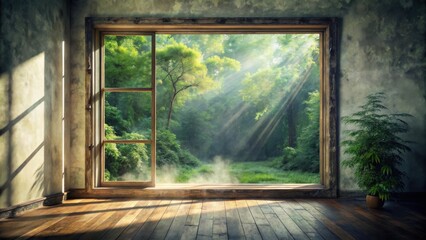 Poster - Serene Forest Vista Through Rustic Window in Tranquil Room