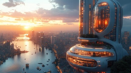 Wall Mural - Futuristic city, illuminated skyscraper, sunset.