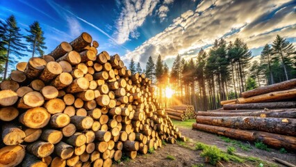 Aufkleber - Sunset Timber Harvest  Stacks of freshly cut logs at the edge of a pine forest bathed in the golden light of the setting sun.