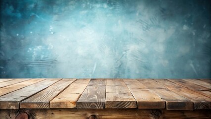 Poster - Rustic wooden table top against a blurred light blue textured background, ideal for product display or montage