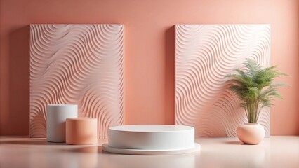 Poster - Minimalist product display with pastel pink wave panels and podiums
