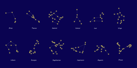twelve zodiac signs, horoscope. astrological symbols. zodiac constellations. star constellation and 