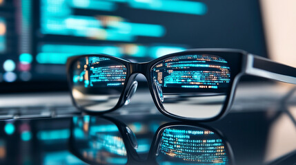Glasses reflecting digital code on a computer screen.