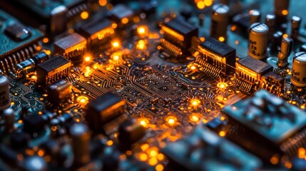 Poster - Creative concept macro photograph of illuminated microchip circuit board in a high-tech technology lab environment