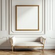 © Monty - Minimalist Interior Design Featuring a Stylish White Bench and an Empty Gold-Framed Artwork Space in a Modern Living Room Setting