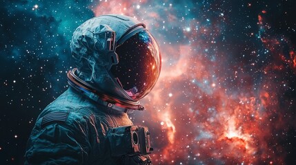 Aufkleber - Astronaut's celestial double exposure portrait outer space digital art cosmic environment side view ethereal concept