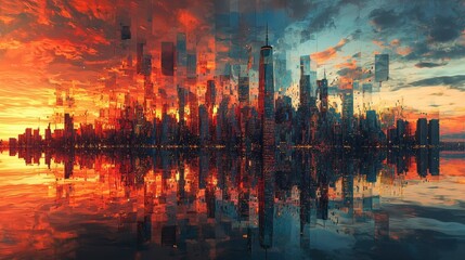 Poster - Fragmented cityscape at sunset urban landscape hyperrealistic artwork reflective water vibrant colors modern concept