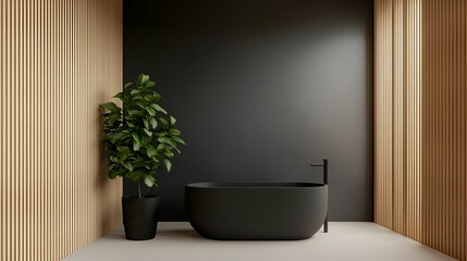 Sticker - Wall art mockup interior concept. Modern bathroom featuring a sleek black tub, wood accents, and a touch of greenery.