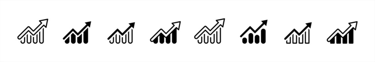 Wall Mural - Growing graph icon set in line style. Business chart with arrow, Growths chart, Profit growing, Growth success, Chart increase simple black style symbol sign for apps and website, vector illustration.