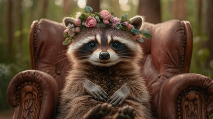 Capture the enchanting allure of a woodland scene with this adorable stylish raccoon wearing a floral crown perched gracefully in a vintage armchair, a perfect image for whimsical decor or artistic