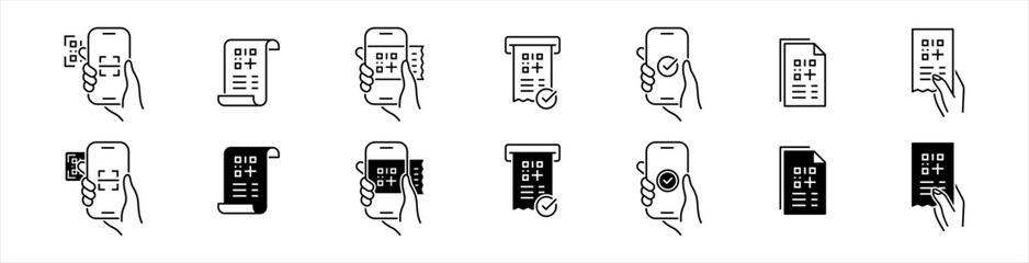 receipt qr code icons set. scanning code process symbol. cashless mobile payment signs. payment, sho