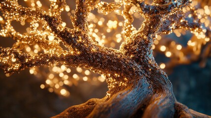 Aufkleber - Surreal glowing tree crafted from wooden beads enchanted forest art piece magical atmosphere close-up creative concept