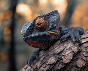 Wall Mural - Explore the intricate details with this close-up of a chameleons textured skin blending into an arboreal background, showcasing adaptation and camouflage Witness the master of disguise in its natural