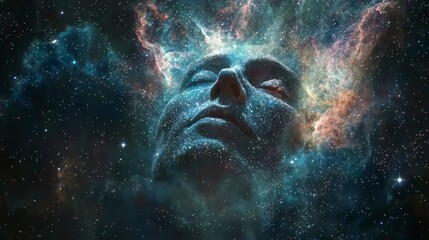 Aufkleber - Transformative cosmic experience a person's face merging with a starry nebula digital art in a celestial environment