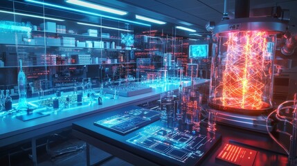 Fototapete - Futuristic quantum computer lab advanced technology facility digital art high-tech environment scientific innovation