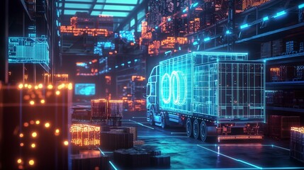 Fototapete - Futuristic supply chain network with glowing trucks warehouse digital art high-tech environment unique perspective