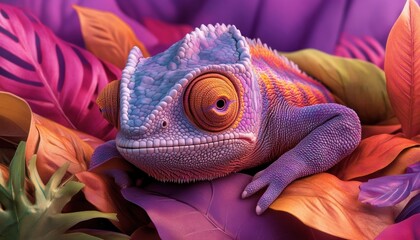 Wall Mural - Witness the marvel of a Chameleon blending seamlessly into the multicolored hues of rainforest flora, a testament to natures ingenuity, its skin mirroring the vibrant leaves around it This