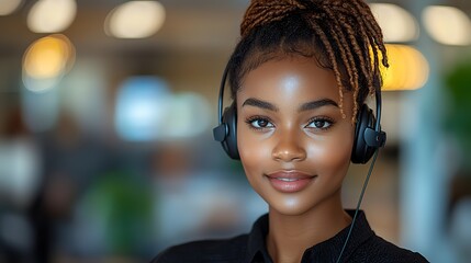 Wall Mural - An African businesswoman wearing a headset represents a telemarketer or consultant in a call center environment