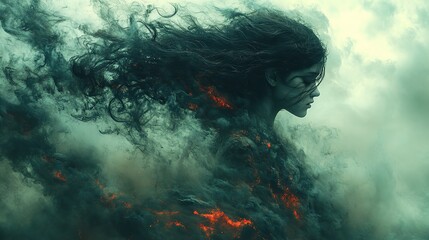 Wall Mural - an artistic image of a girl amidst a storm symbolizes pain, burnout, depression, and anxiety