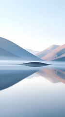 Wall Mural - Serene landscape with soft hills reflected in calm water, evoking tranquility and peace.