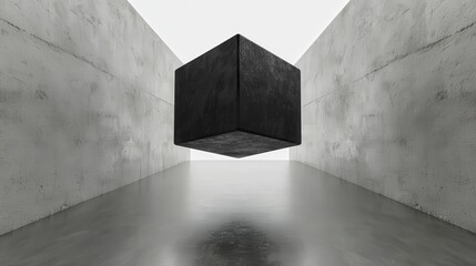 Aufkleber - Floating black cube in infinite white space abstract art minimalist design surreal environment unique viewpoint
