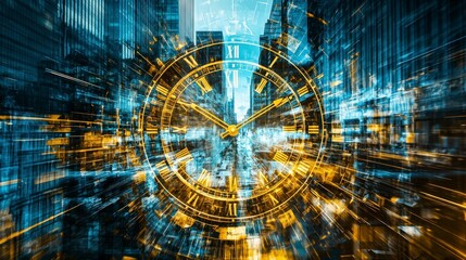 Poster - Dynamic cityscape clock face urban environment digital artwork futuristic atmosphere perspective shift time concept