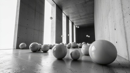 Aufkleber - Minimalist modern architecture interacting spheres in an abstract artistic space with unique perspectives