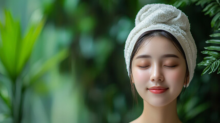 A serene woman with a towel wrapped around her head enjoys a peaceful moment surrounded by lush greenery, promoting relaxation and self-care.