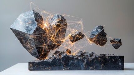 Poster - Indoor gallery abstract geometric sculpture in slow motion crumbling in a modern art installation close-up